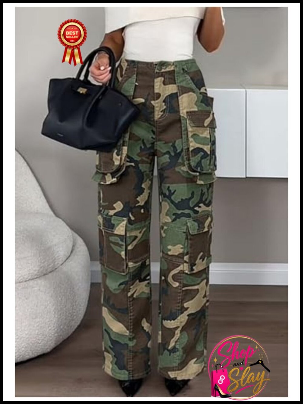High Waisted Straight Leg Stretch Cargo Jeans